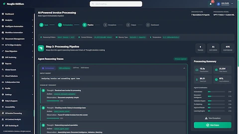 Processing Pipeline & Reasoning - Chain of Thought visualization with agent reasoning traces, processing metrics, and confidence scores